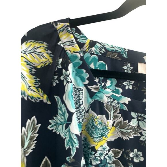 LOFT Blouse Top Large Navy Teal Yellow Floral Paisley Lightweight Casual #5412 - Picture 4 of 11